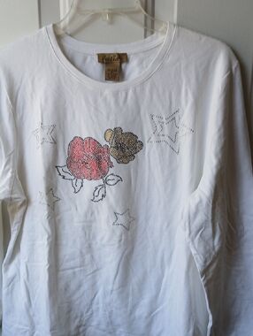 Peck & Peck White Long-Sleeve Tee with Rhinestone Floral Motif